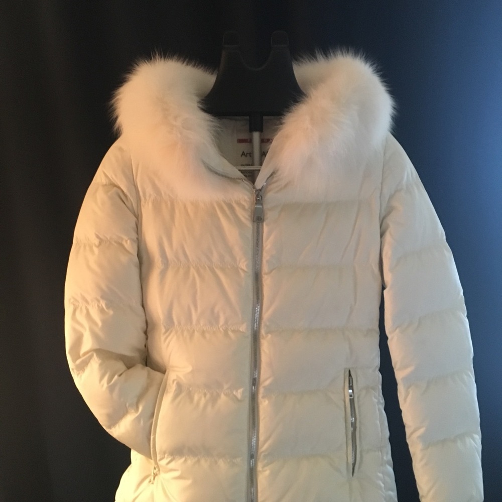 Prada Cream White Down Puffer Coat with Fur Collar